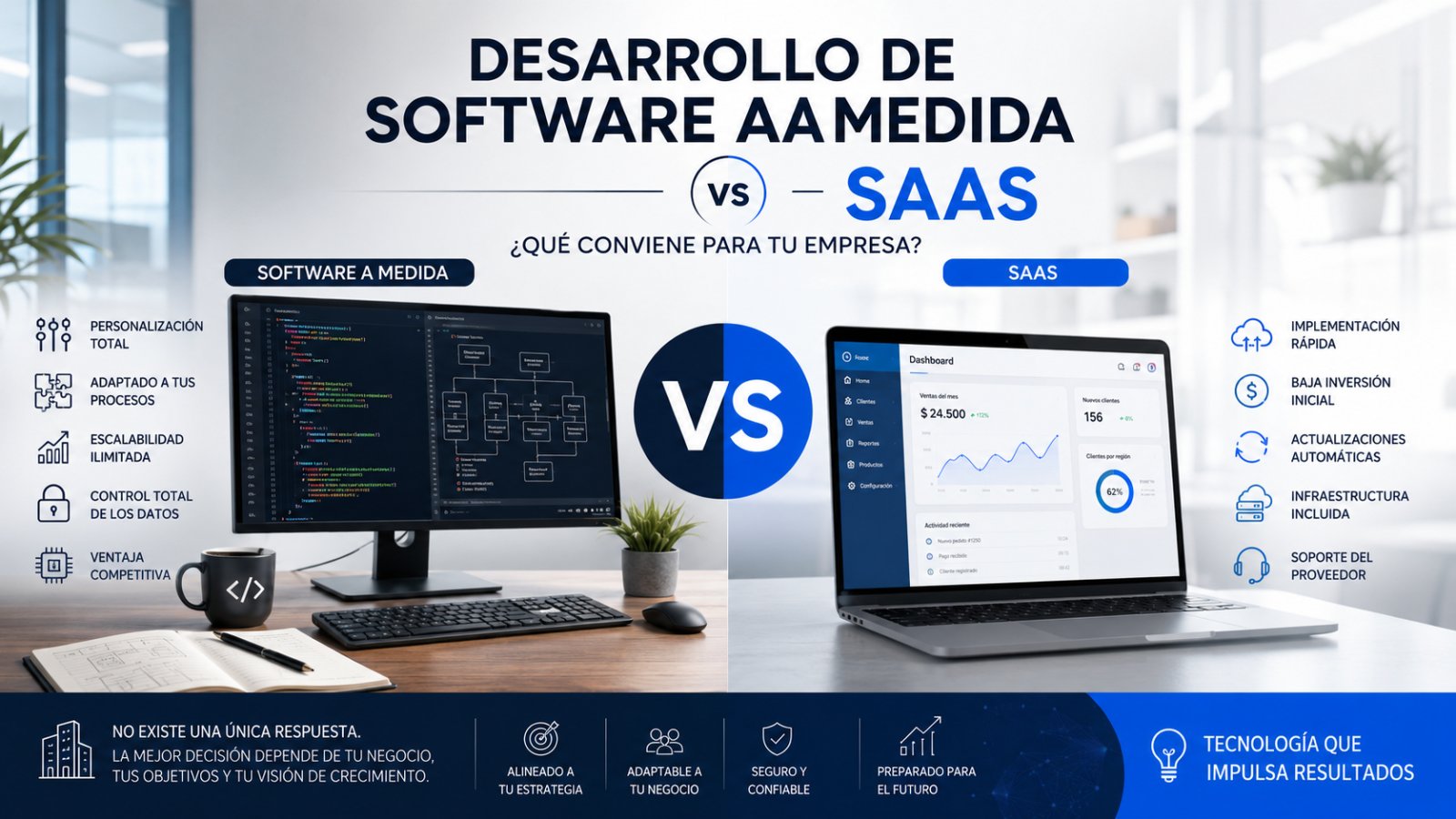 Comparison between a SaaS platform and a custom software solution for businesses.