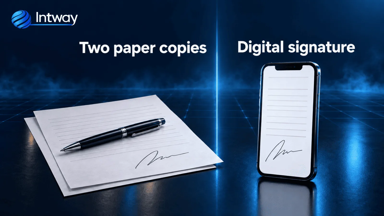 Payslip delivery before and after: two hand-signed paper copies versus digital or electronic signature from a phone